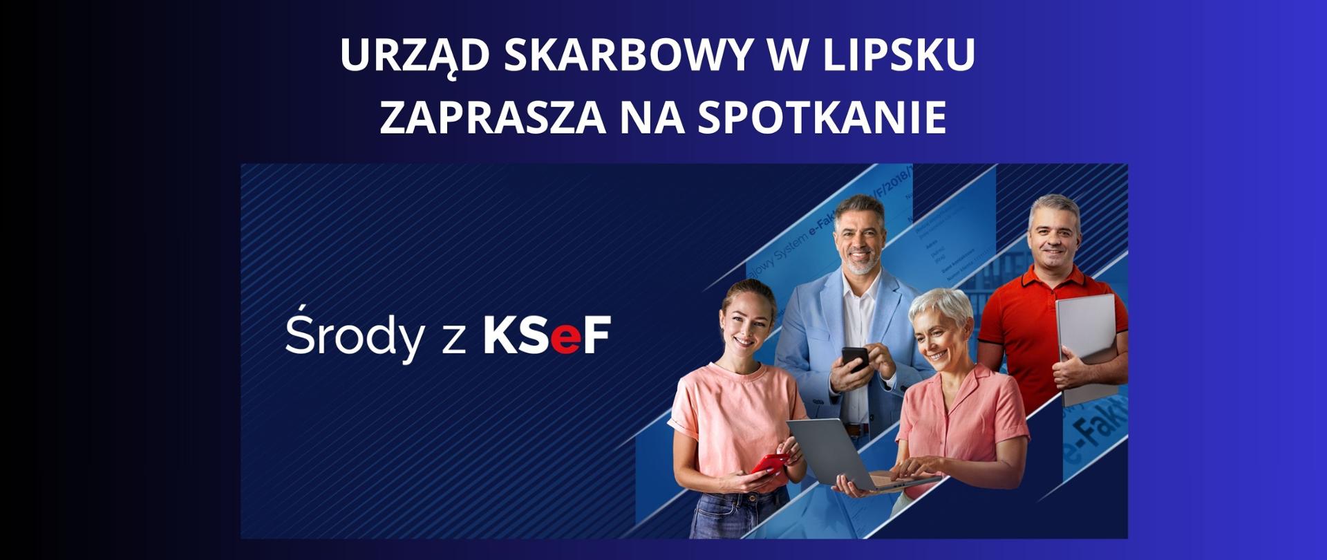 biały napis na granatowym tlke" urząd skarbowy w lipsku zaprasza na spotkanie" zdjęcie baneru w kolorze granatowo niebieskim z osobami trzymającymi urządzenia elektryczne umożliwiające połączenie sie na spotkania online ( telefony ,laptopy, tablety) 