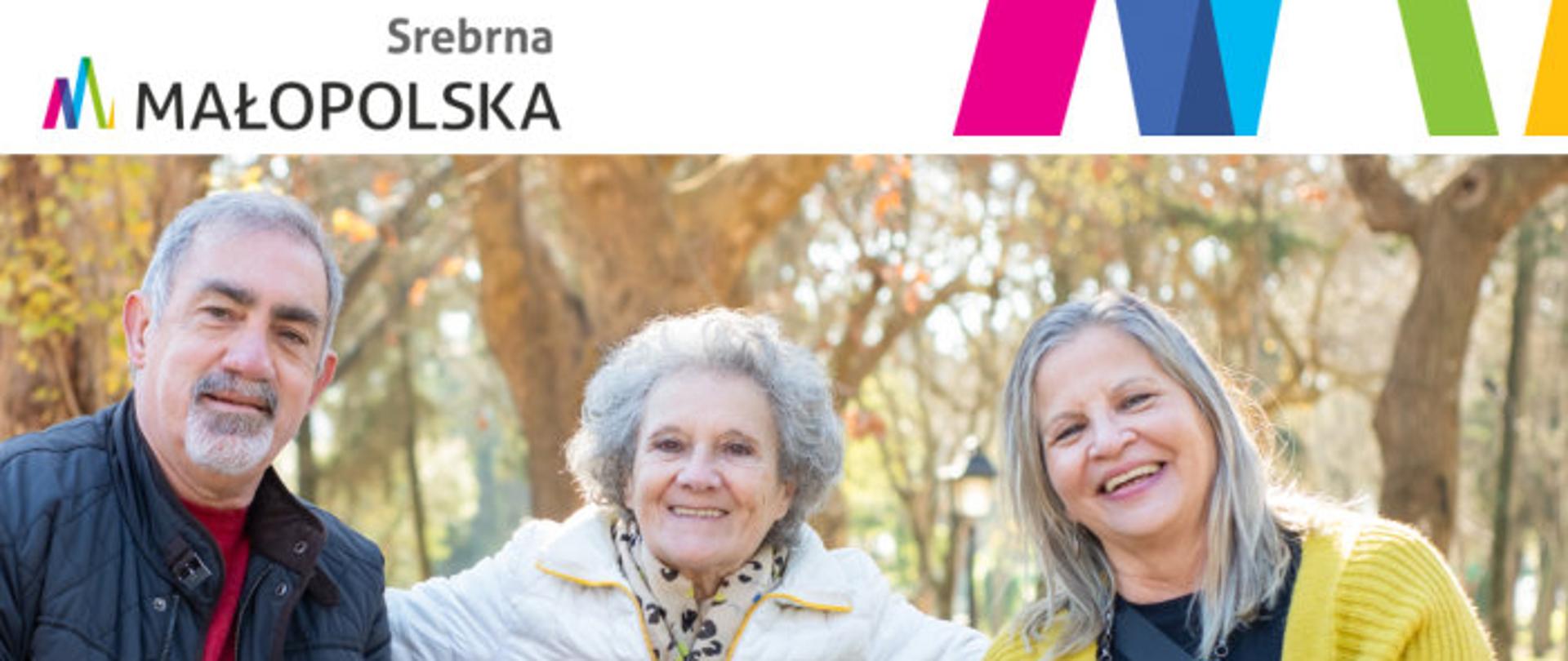Plakat – fotografia trojga uśmiechniętych seniorów, data i program wydarzenia, logo Małopolski