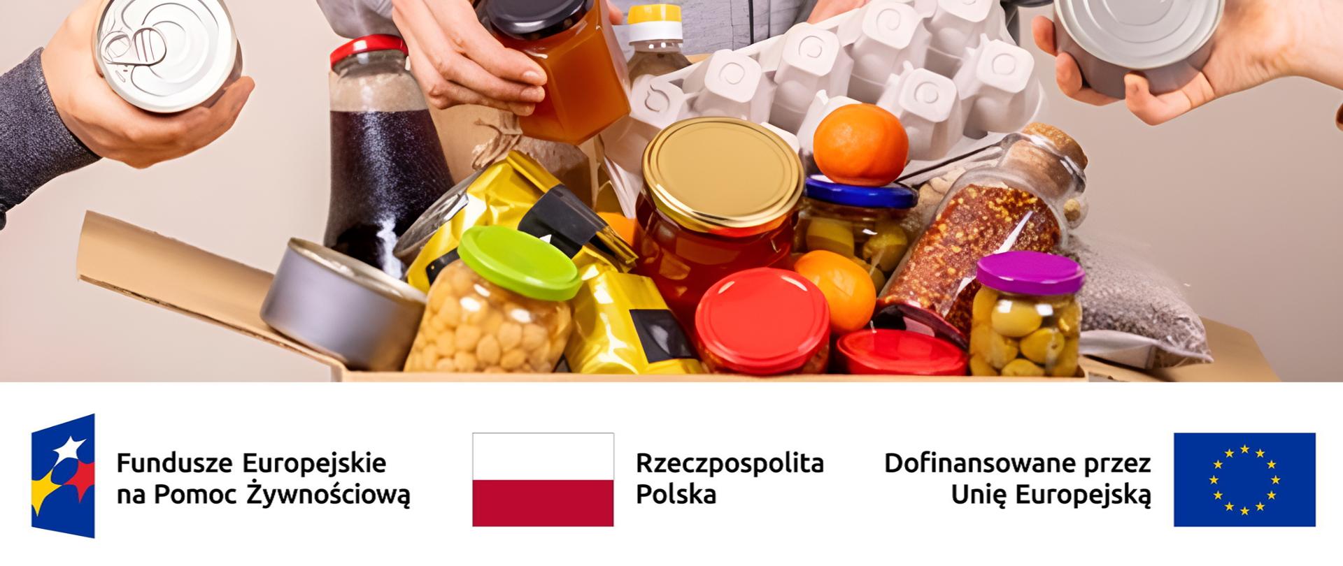 Różne produkty spożywcze w kartonie.