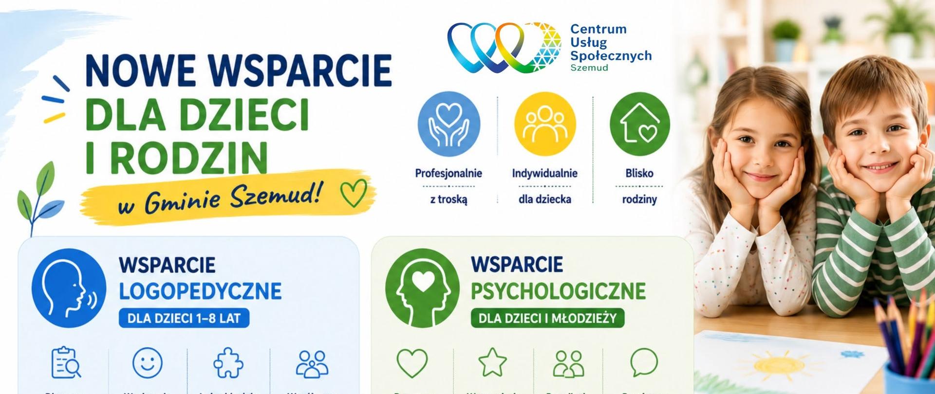 Plakat informujący o nowym wsparciu dla dzieci i rodzin w Gminie Szemud. Obejmuje wsparcie logopedyczne dla dzieci w wieku 1–8 lat oraz wsparcie psychologiczne dla dzieci i młodzieży. Na plakacie podano numer do zapisów i informacji: 58 739 76 11.