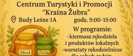 Kiermasz Produktów Lokalnych, 16 sierpnia (sobota). Na plakacie umieszczono informację o terminie wydarzenia i przewidzianych atrakcjach (inofmracje zwarte w artykule). Obok grafika przedstawiająca kosz z produktami lokalnymi.