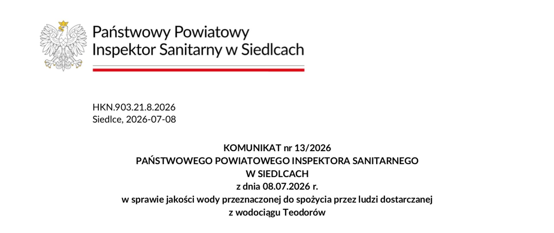 UWAGA KOMUNIKAT PSSE DLA ODBIORCÓW WODY Z UJĘCIA W M. TEODORÓW