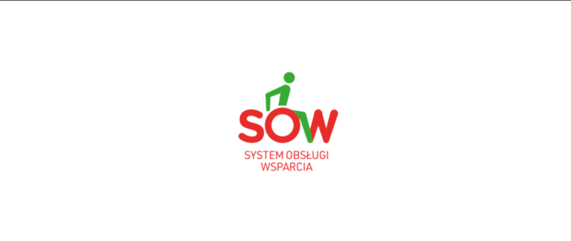 Czerwone logo SOW z zieloną postacią poruszającą się na wózku inwalidzkim
