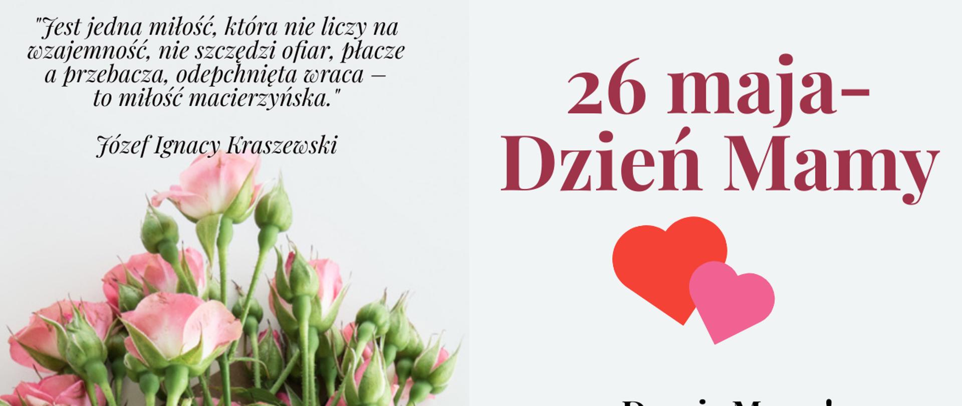 Grafika przedstawia z lewej strony bukiet różowych róż, z prawej strony tekst z życzeniami