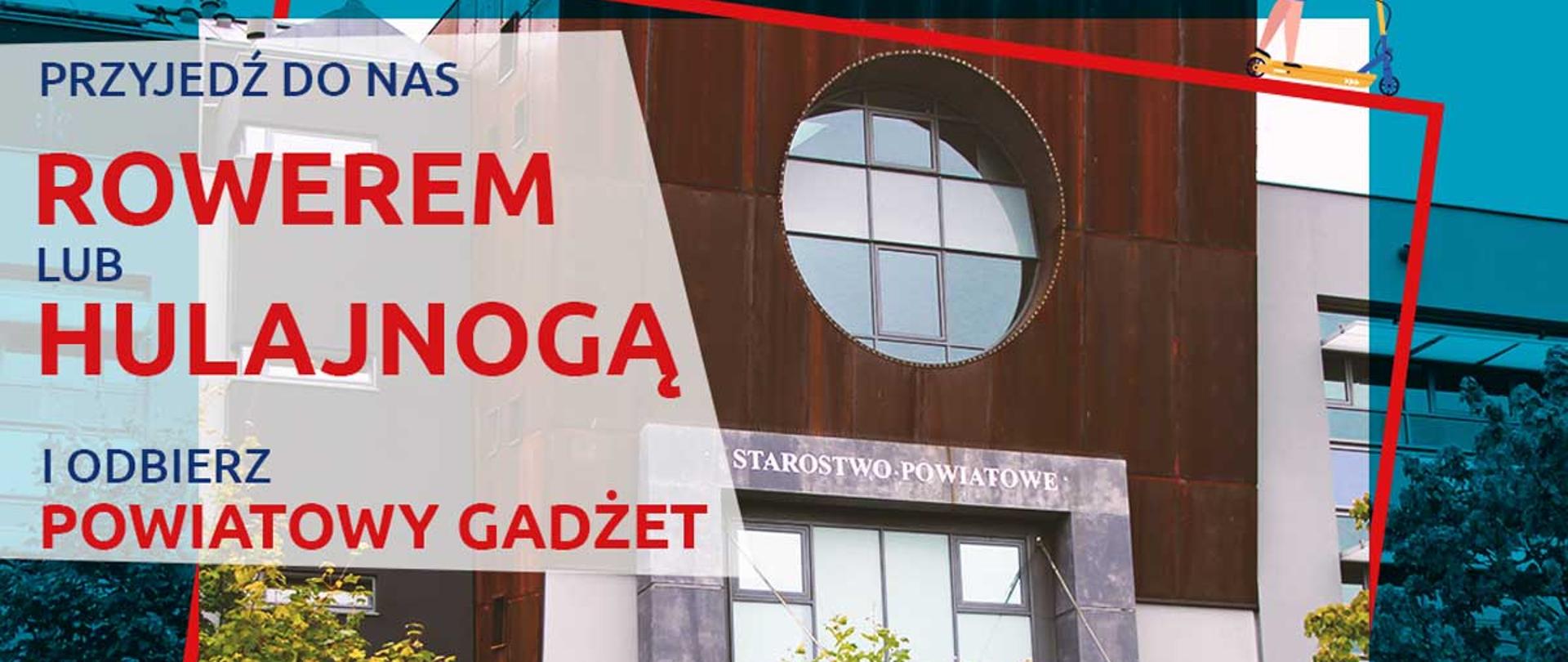 budynek, drzewa , logo powiatu polkowickiego, mężczyzna na rowerze i mężczyzna na hulajnodze