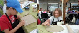 Kolaż zdjęć: uczestnicy warsztatów ceramicznych podczas tworzenia rzeźb z gliny.