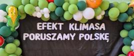 Ścianka z zielonymi balonami wokół. W środku biały napis Efekt Klimasa poruszamy Polskę. Poniżej pluszowe warrzywa