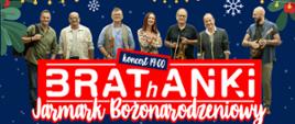 Plakat Jarmarku Bożonarodzeniowego w Konstantynowie Łódzkim z zespołem Brathanki na górze. Informacje o wydarzeniu: 13 grudnia 2025, Plac Kościuszki, godziny 14:00–21:00. Na dole ilustracja zimowego miasteczka z choinką, karuzelą, straganami i postaciami uczestników.