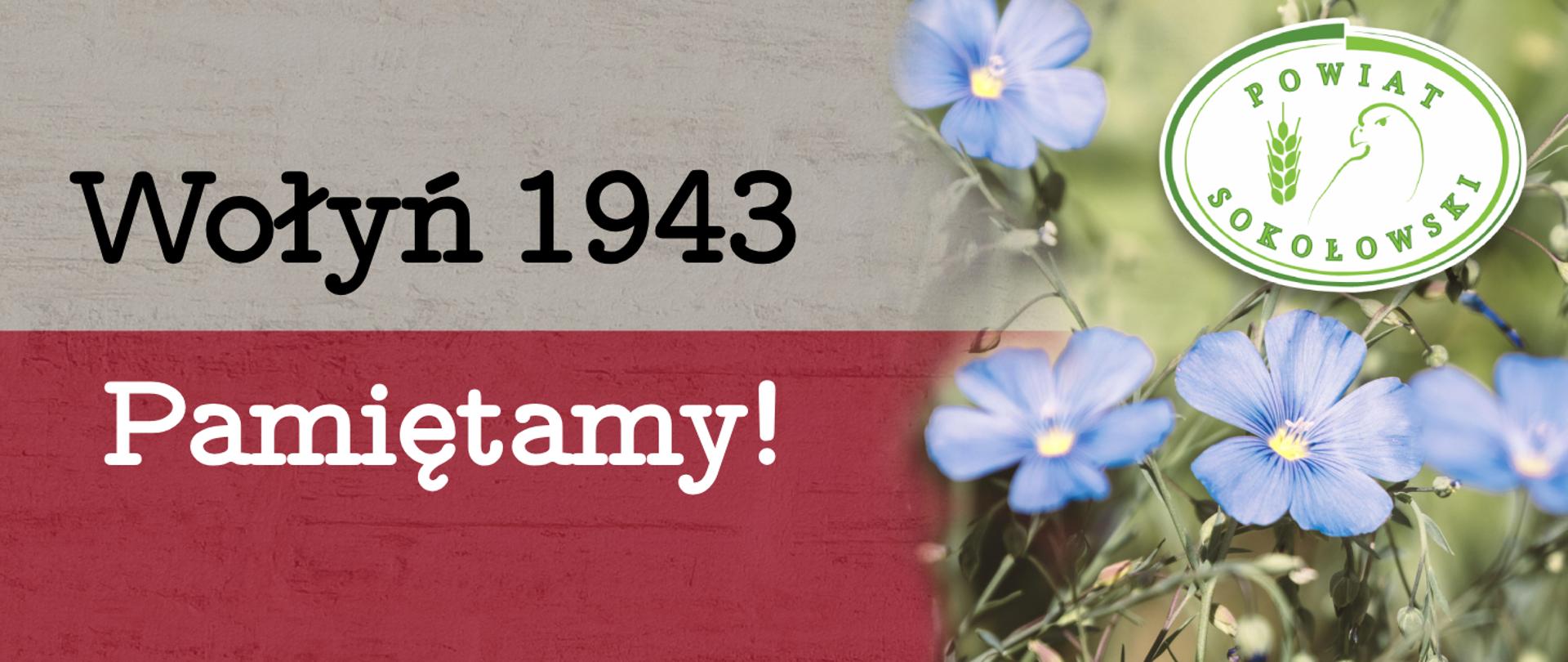 Grafika przedstawia z lewej strony napis Wołyń 1943 Pamiętamy! na szaro - czerwonej fladze, z prawej grafika niebieskich kwiatów lnu na, której widnieje logo powiatu sokołowskiego ( biały owal z zieloną oblamówką w środku napis powiat sokołowski oraz zarys sokoła i źdźbło kłosa).
