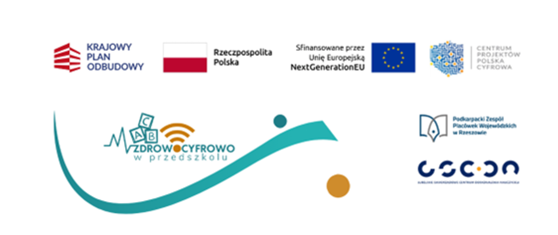 Obraz zawiera zestaw logotypów i elementów graficznych związanych z projektem "Zdrowo Cyfrowo w Przedszkolu". W górnej części znajdują się logotypy: Krajowego Planu Odbudowy, Rzeczypospolitej Polskiej, Unijnego funduszu NextGenerationEU, Centrum Projektów Polska Cyfrowa oraz Podkarpackiego Zespołu Placówek Wojewódzkich w Rzeszowie.
W centralnej części obrazu widnieje logo programu "Zdrowo Cyfrowo w Przedszkolu", które składa się z falistej linii w kolorze turkusowym z małymi geometrycznymi elementami oraz ikonami nawiązującymi do edukacji cyfrowej.
Na dole po prawej stronie znajduje się dodatkowe logo instytucji wspierającej projekt – Krajowej Organizacji Gospodarki Cyfrowej i Edukacji Cyfrowej (lub podobnej). Kolory dominujące to biały, niebieski, turkusowy i czerwony.
