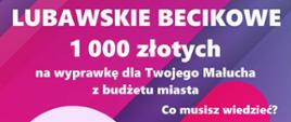 Plakat w kolorach różowo - fioletowym z logo Lubawa kocha dzieci oraz Lubawa. Jesteś w domu! oraz grafiką bociana z dzieckiem.