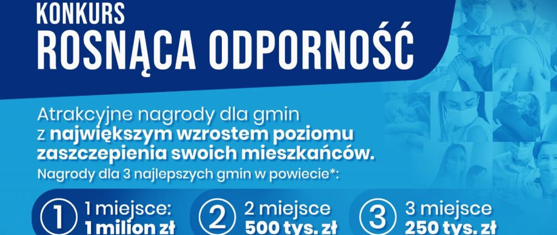 Plakat informujący o Konkursie Rosnąca Odporność, w którym do wygrania jest milion złoty dla gminy z największym wzrostem poziomu zaszczepienia wśród mieszkańców.