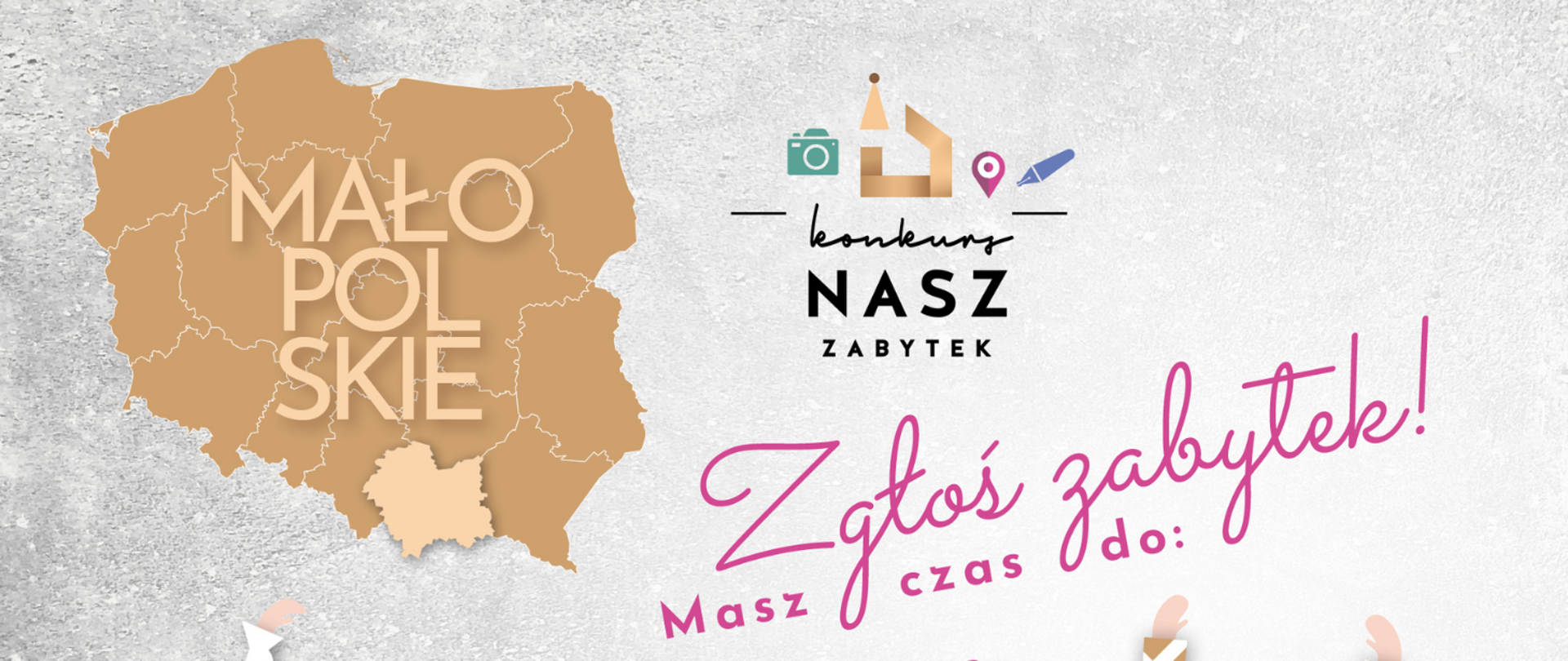Grafika z szarym tłem i napisem "Zgłoś zabytek' na szarym tle mapa Polski