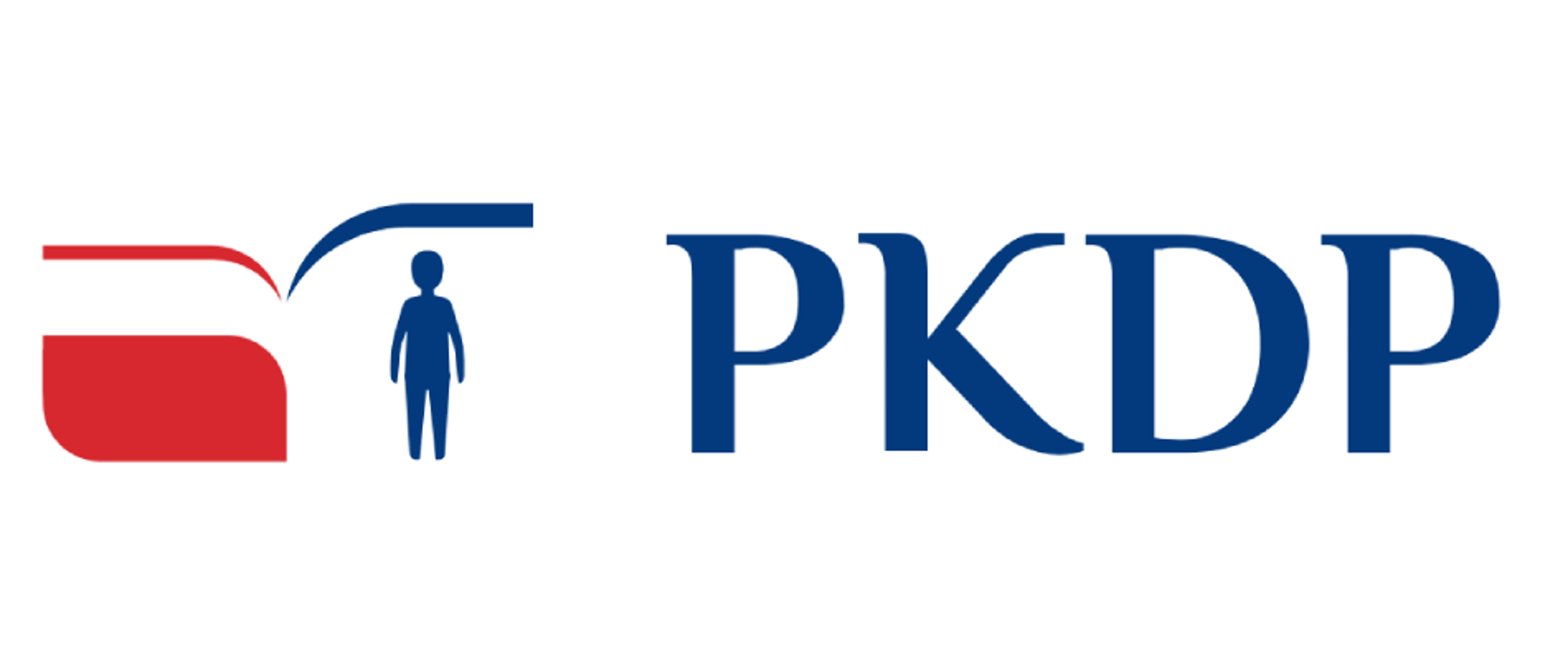 Na białym tle logotyp złożony z krzywych prezentujących biało - czerwoną flagę oraz stojące pod daszkiem wychodzącym z flagi dziecko. Po prawej stronie wielkimi literami skrót w kolorze granatowym PKDP