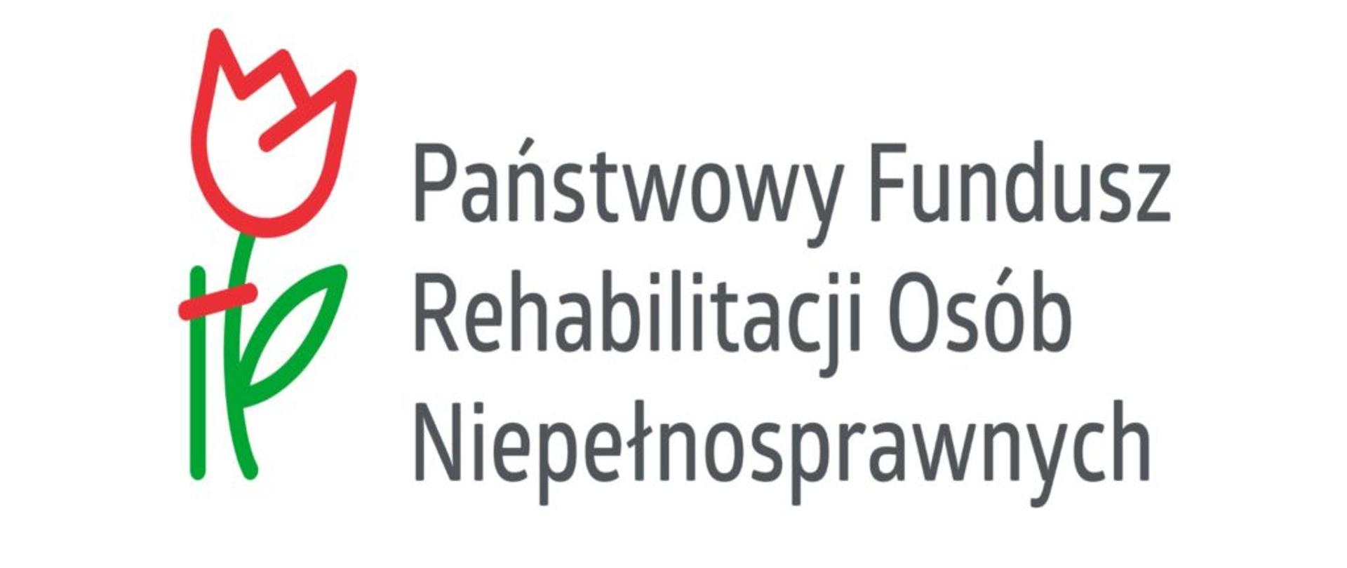 białe tło szare litery Państwowy Fundusz Rehabilitacji Osób Niepełnosprawnych z boki z lewej strony grafika przedstawiająca tulipana 