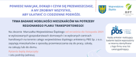 Regionalny Plan Transportowy - banner informacyjny. treść jak w artykule. Grafika osoby podróżujące różnymi środkami transportu